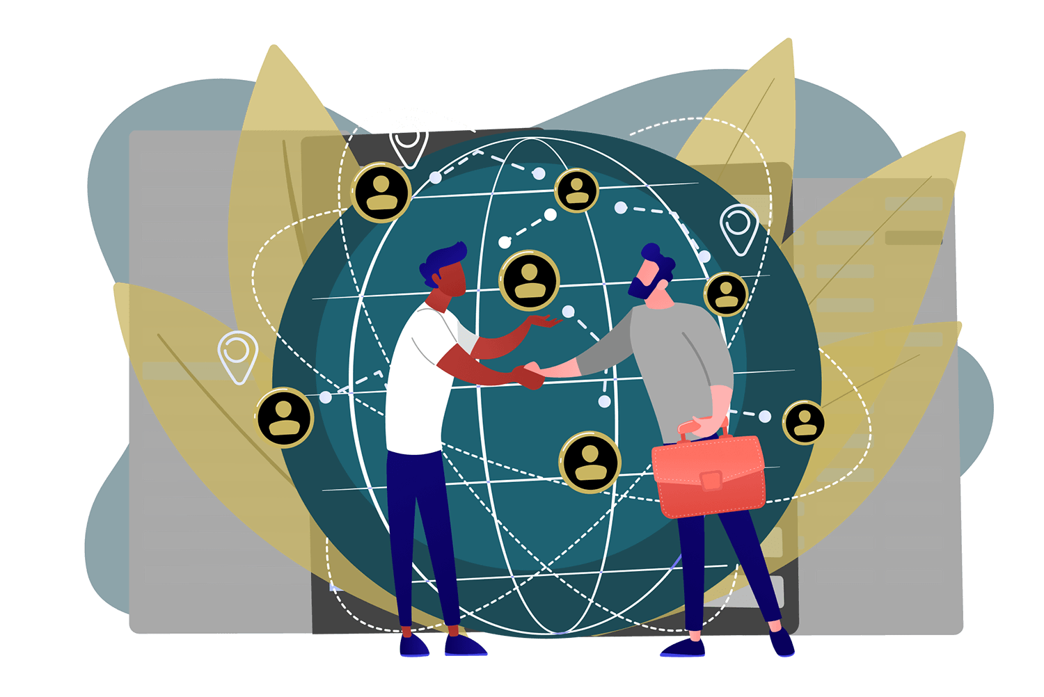 Vector based art of two businessmen networking in front of abstract rendition of the globe