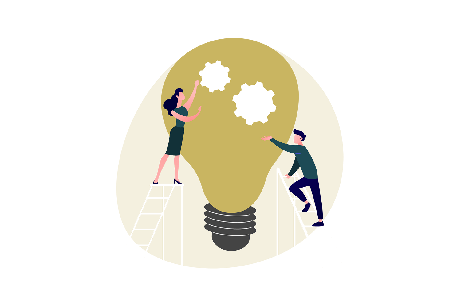 A businessman and business woman standing on ladders and working on abstract rendition of a lightbulb with gears