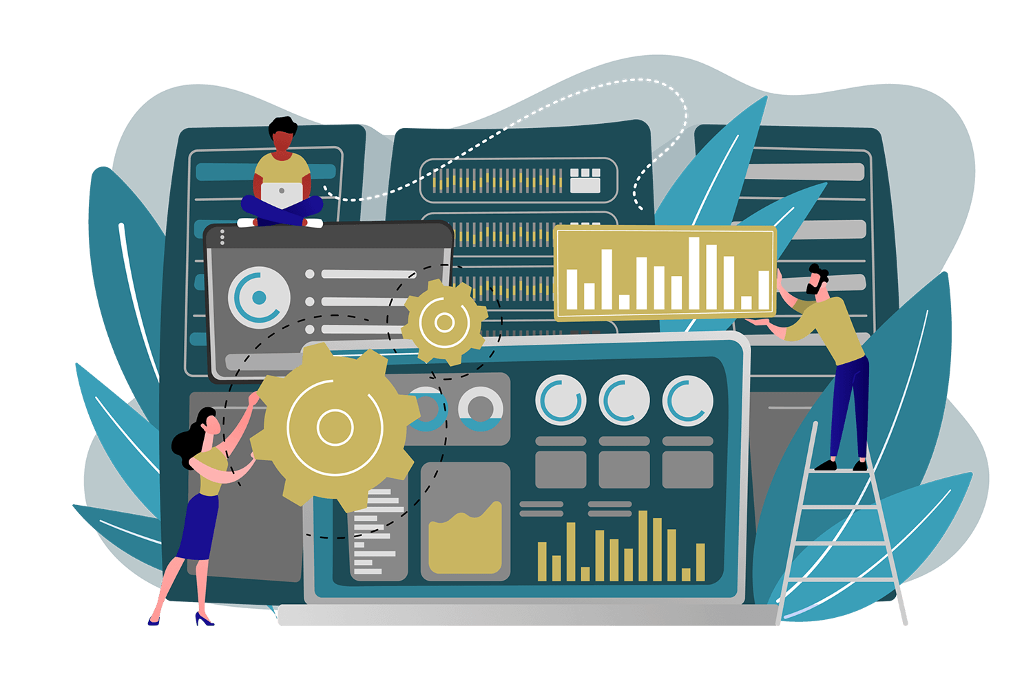 Vector based art of businesspeople working in front of abstract rendition of the data transformation and analysis